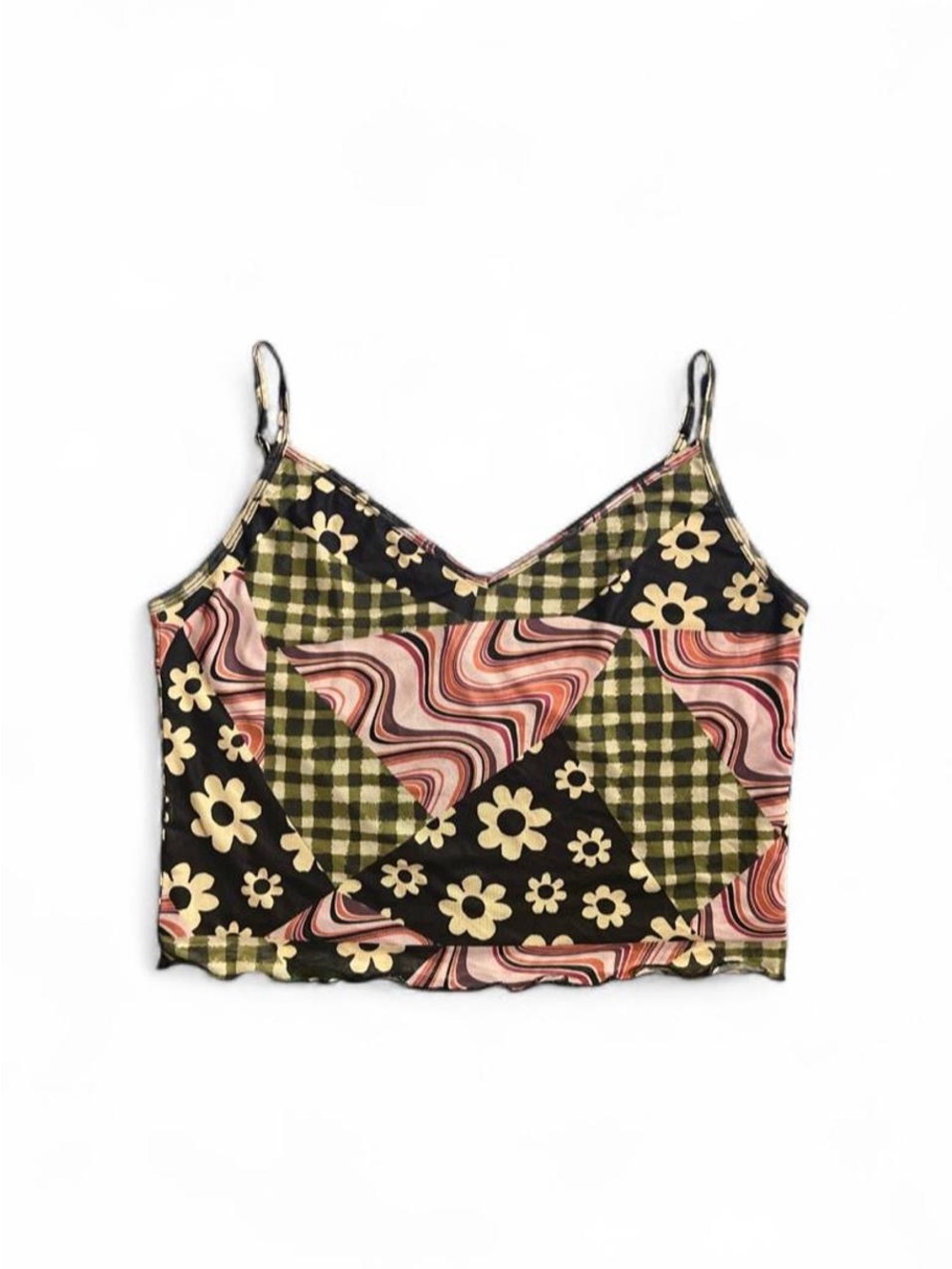 Current Mood Multi-Pattern Patchwork Cropped Tank Top-Green, Pink, Black, Yellow
